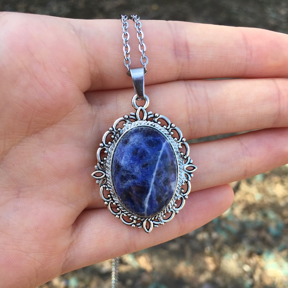 Large Gemstone Silver Necklace Elegant Sodalite